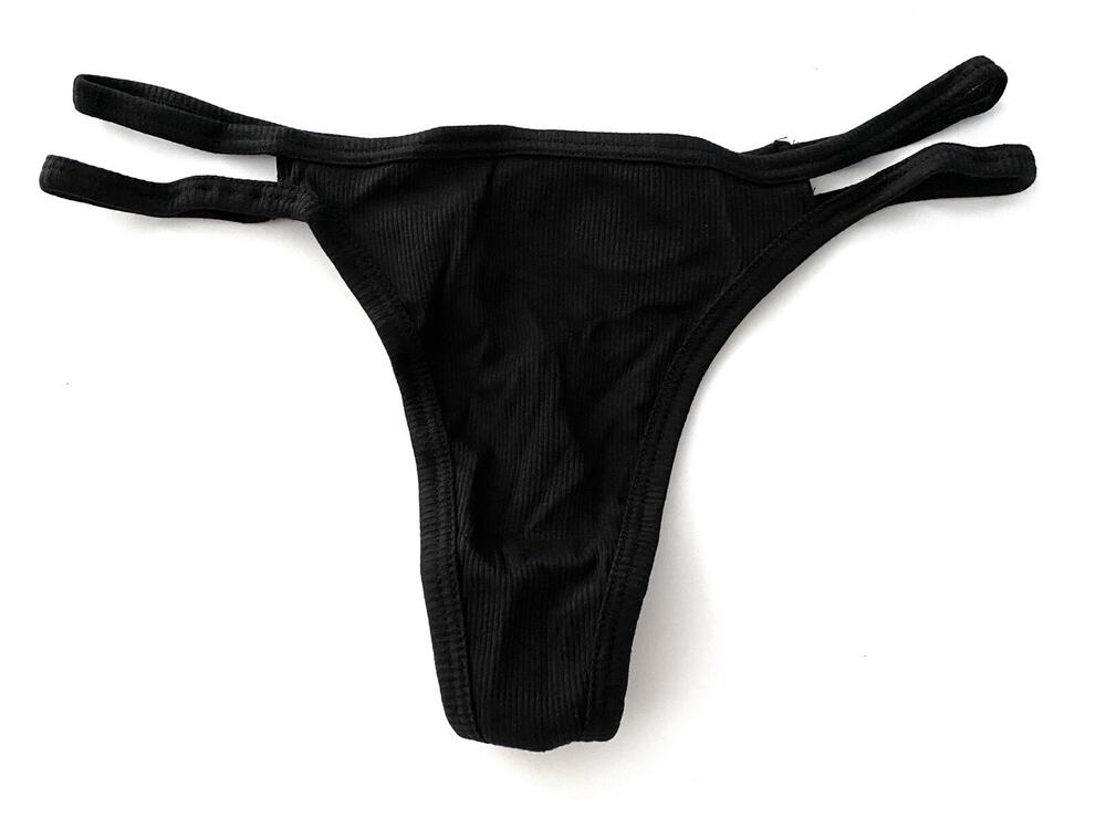 PINK Victoria's Secret Thong Panty New Cotton Blend Ribbed Black Strappy XXL